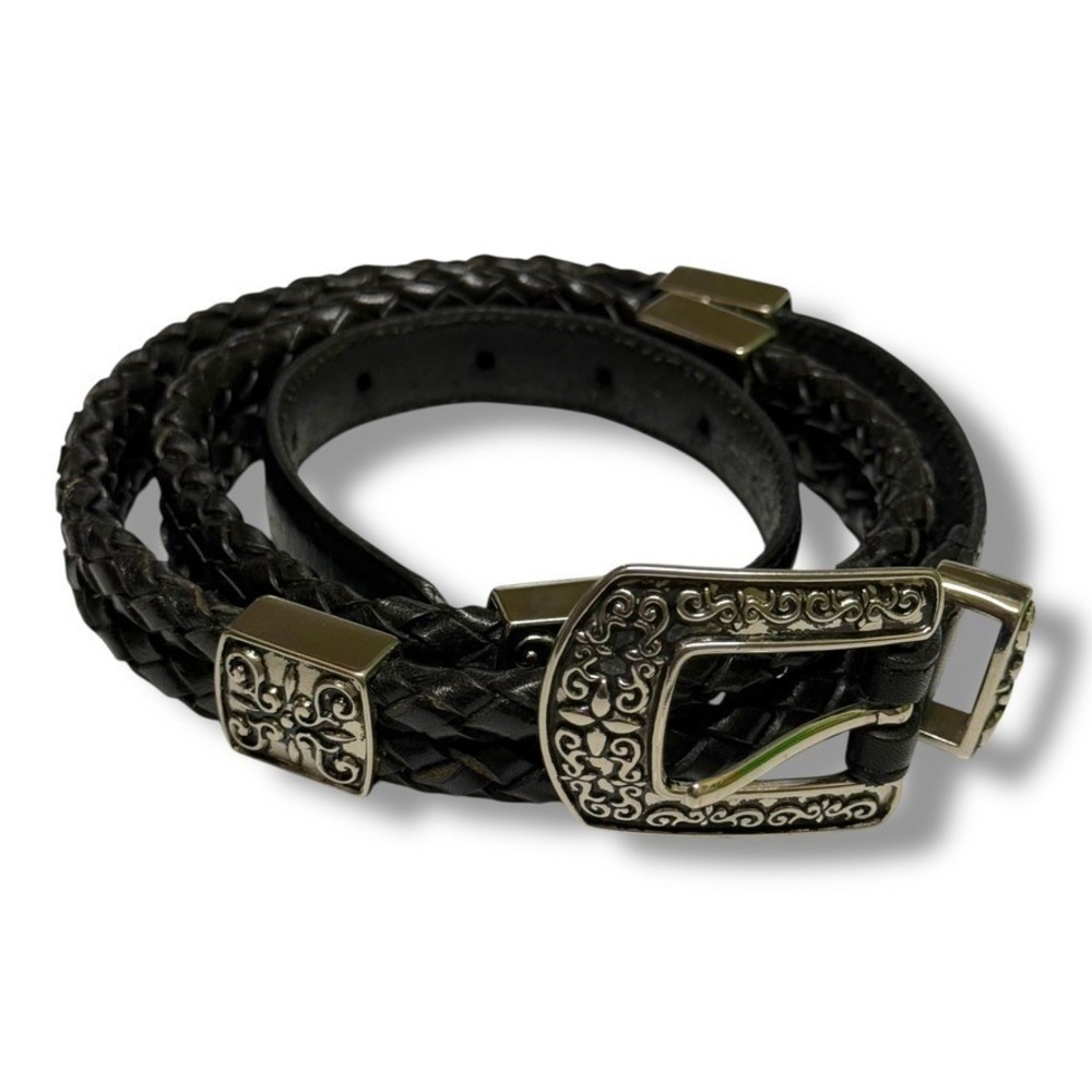 JG Hook Womens Black Braided Leather Belt Ornate Silver Buckle Accent Concho XL